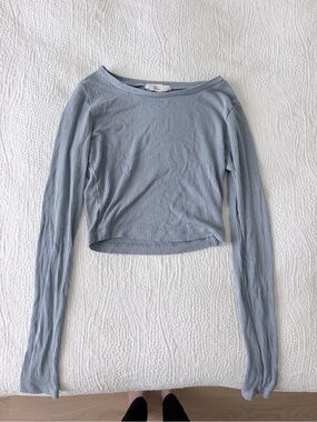 Light Blue Ribbed Long-Sleeve Crop Top